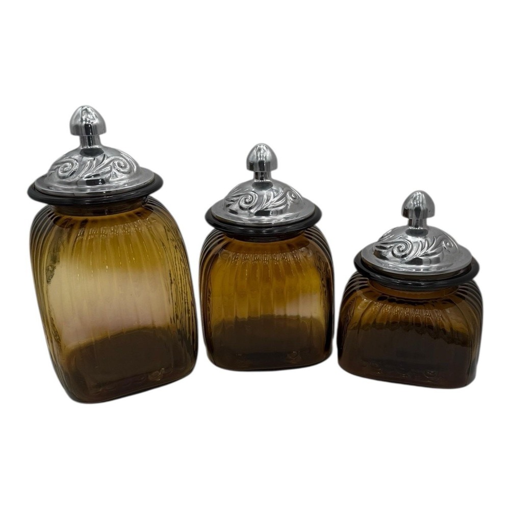 Vintage Set 3 Apothecary Rib Jar Canister Set ARTLAND Amber Glass Pewter Lid EUC